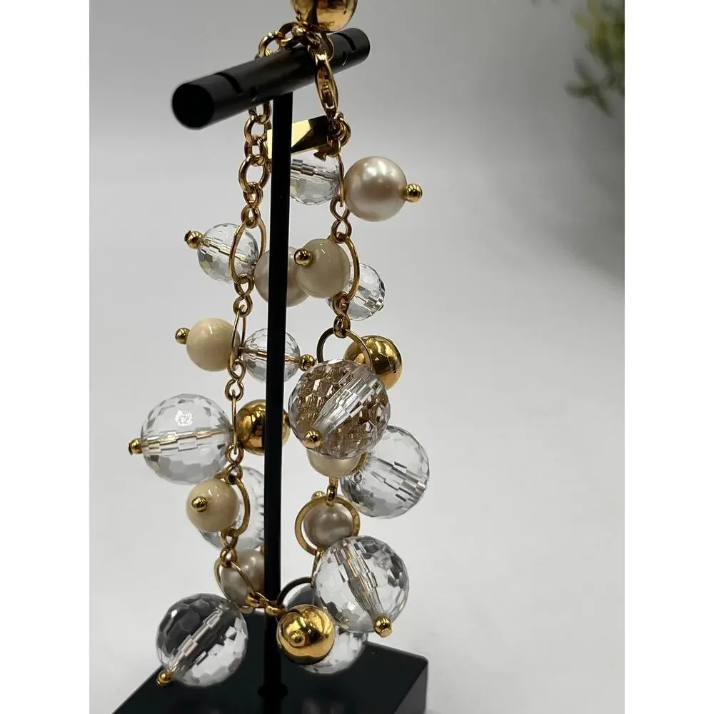 Kate Spade Signed‎ Gold Tone Pearl and Faceted Clear Beaded Cha Cha Bracelet - Picture 3 of 9